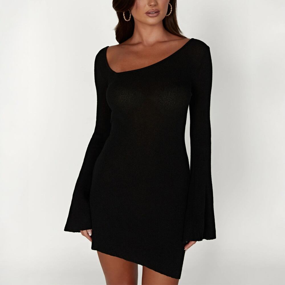 Meshki Black Asymmetrical Knit Bell Sleeve Mini Dress Size XXL